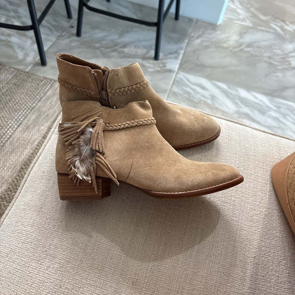Gianni Bini Tan Suede Feathered Ankle Boot